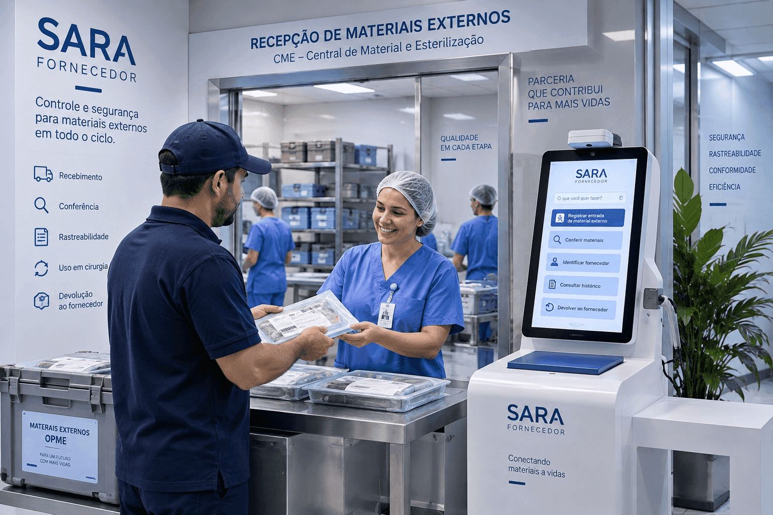 Entregador e técnica do CME conferindo materiais externos no terminal SARA Fornecedor