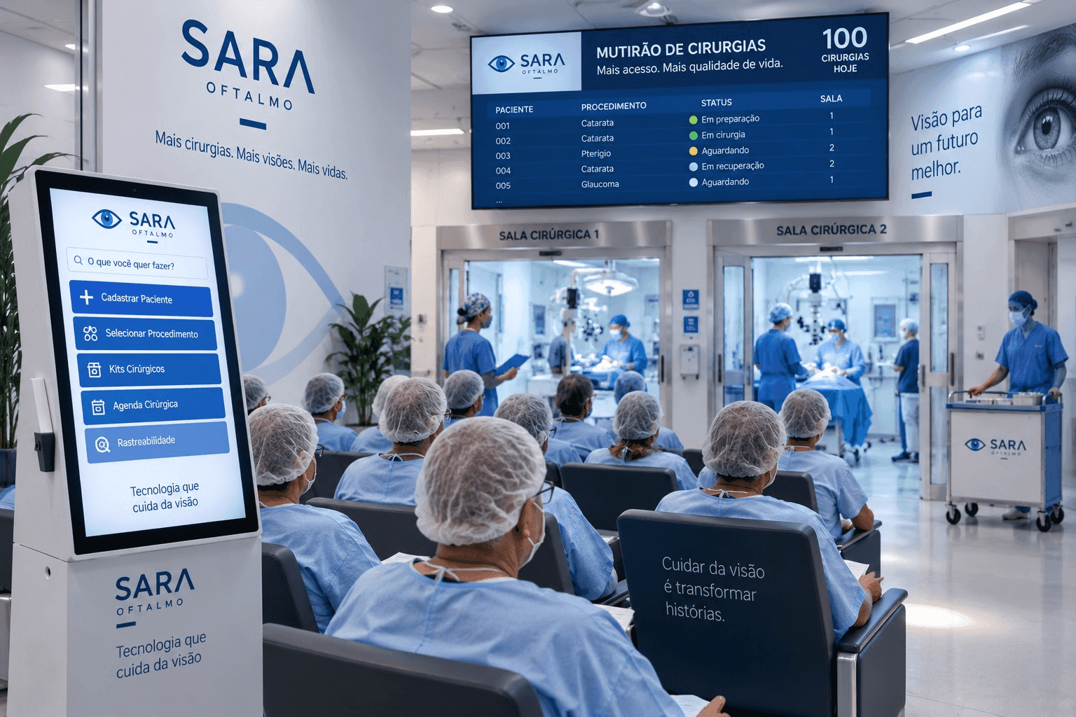 Pacientes aguardando em fila diante do painel de mutirão de cirurgias do SARA Oftalmo