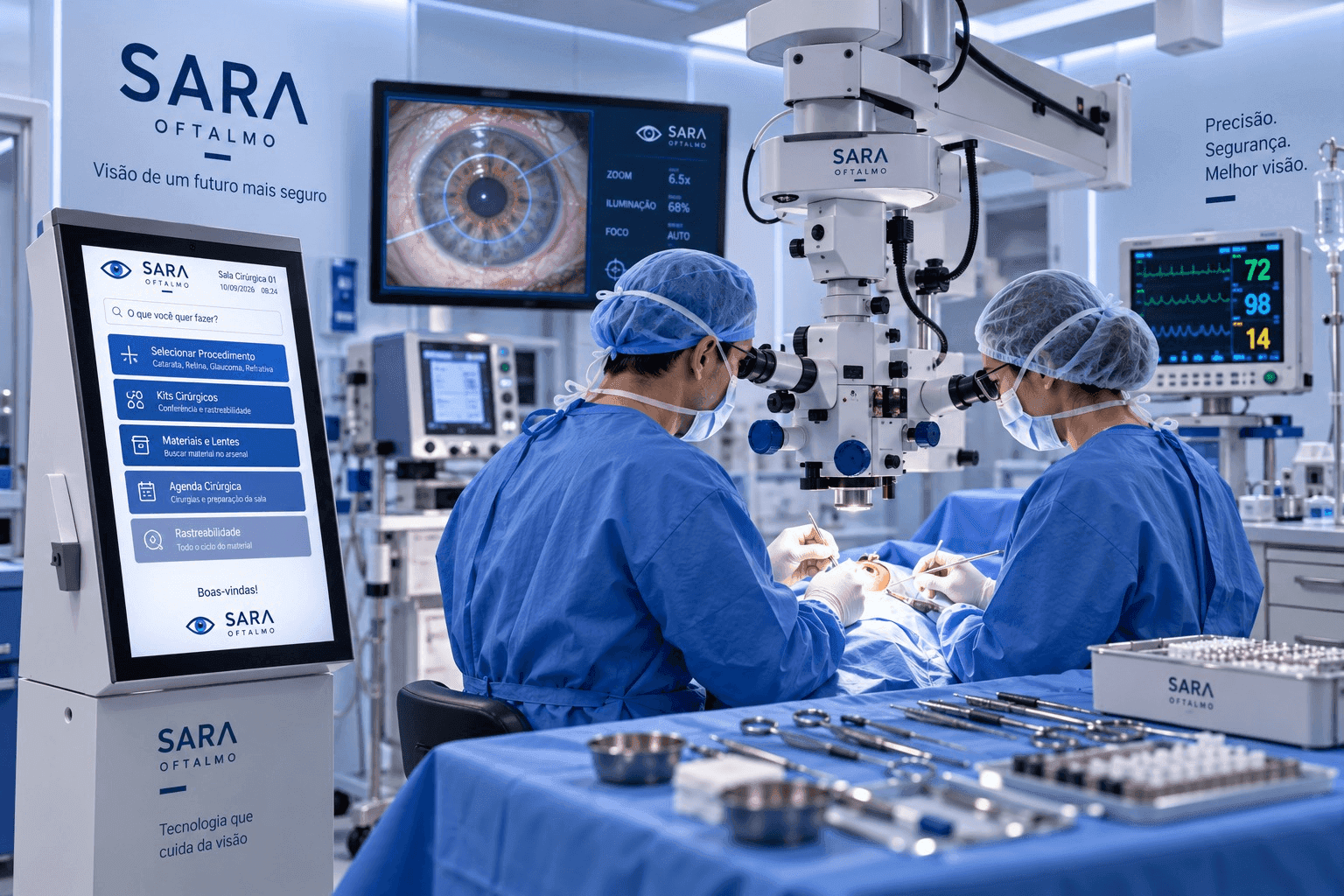 Cirurgião ao microscópio em cirurgia oftalmológica, com a imagem do olho no monitor SARA Oftalmo