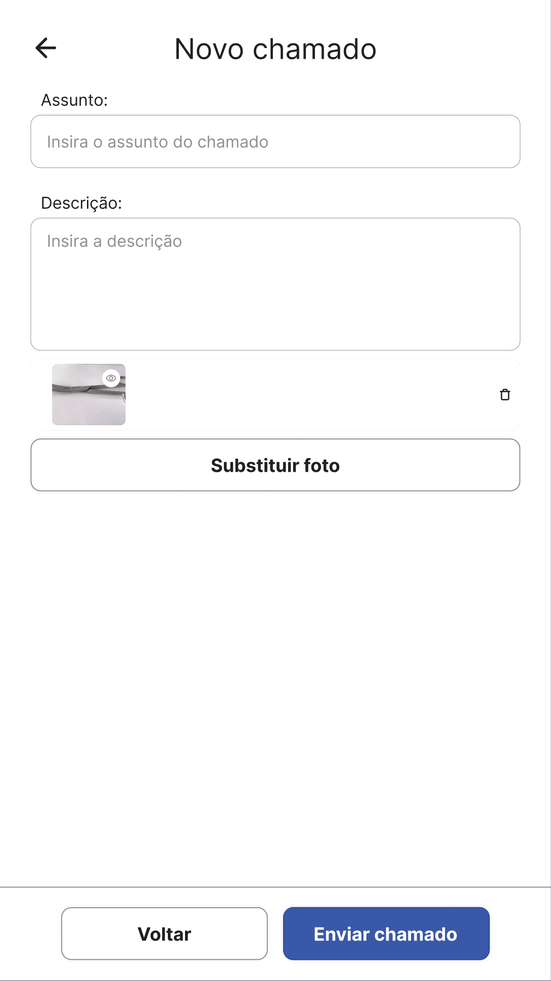Formulário de abertura de um novo chamado